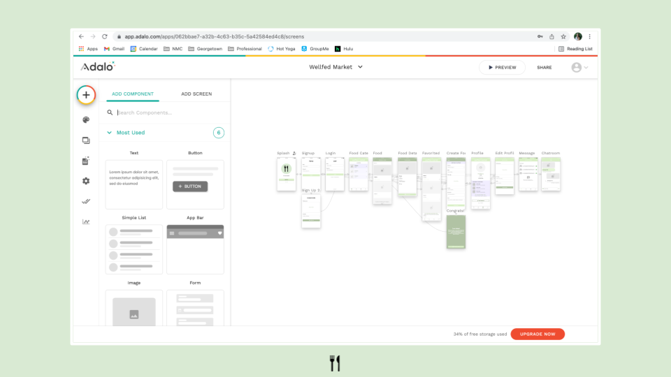 Adalo no-code app builder showing the Wellfed Market screen flow from splash screen through chatroom